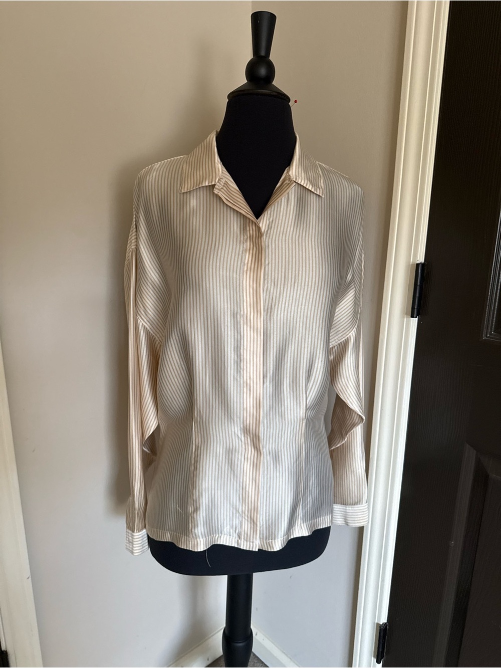 Women's Cream Striped silk Satin Button-Up Blouse